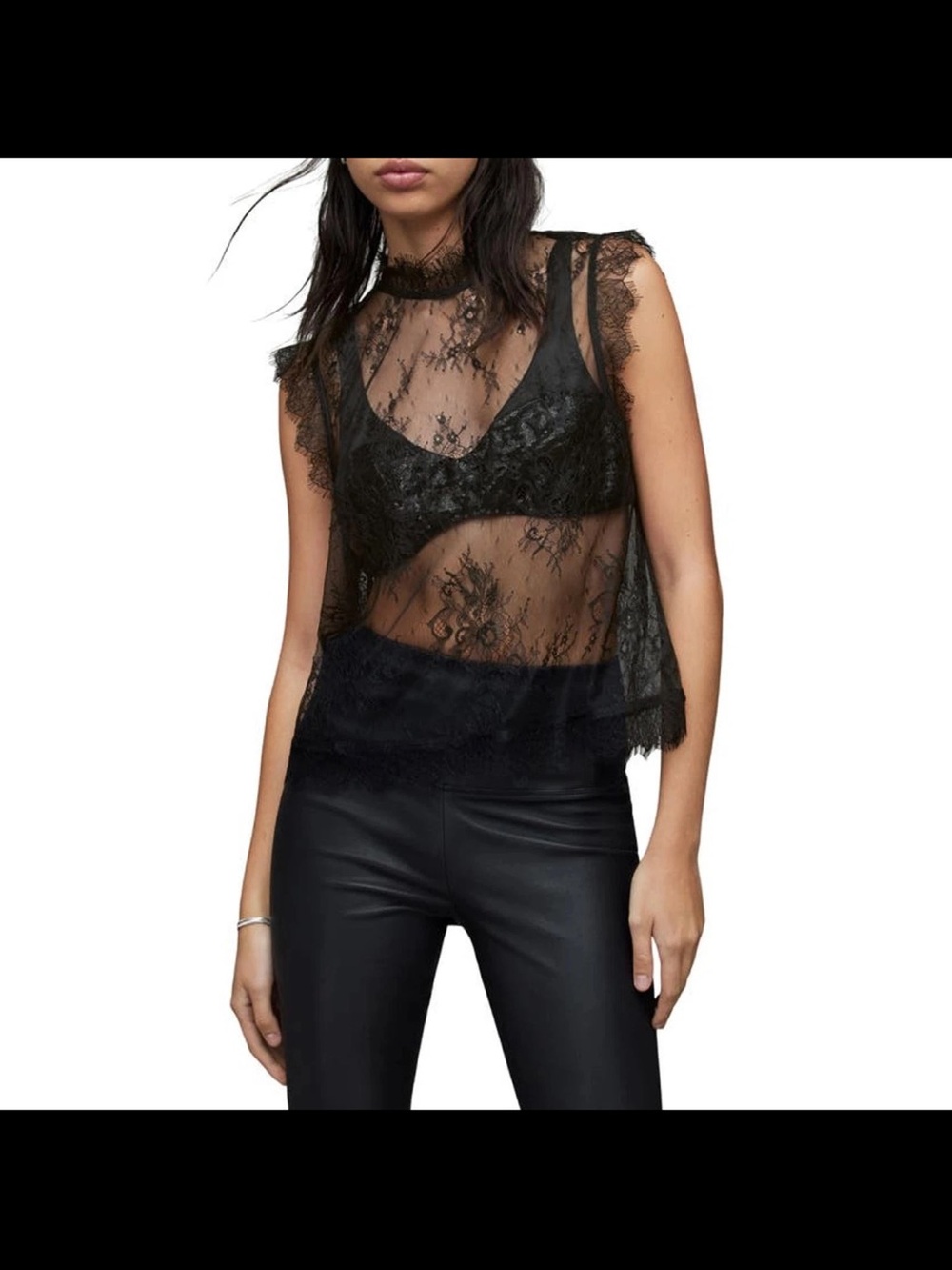 AllSaints Black Sheer Lace Mock-Neck Camisole